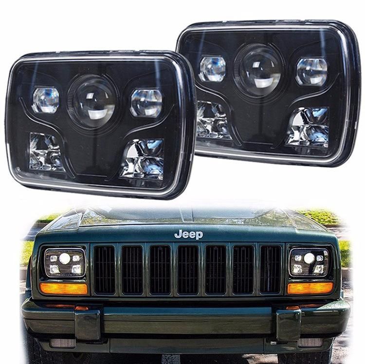 Square LED Headlight with White DRL for Jeep Cherokee Xj Yj Motorcycle 7X6 5X7 Inch Chrome Reflector Sealed Beam Headlight Assembly Replacement