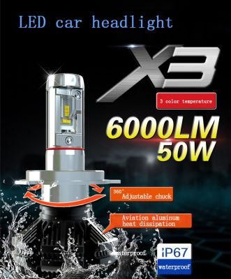 X3 LED Headlamp H4 H7 H11 9005 50W 6000K