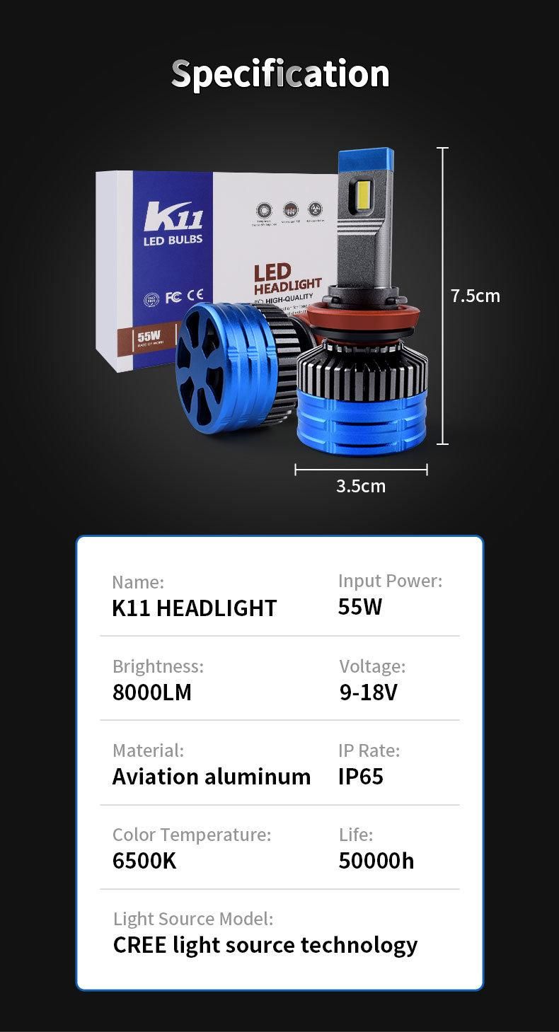 High Quality 55W 8000lm 12V K11 Car LED Headlight Bulb Canbus Error Free H11 H7 H4 LED Car Lights