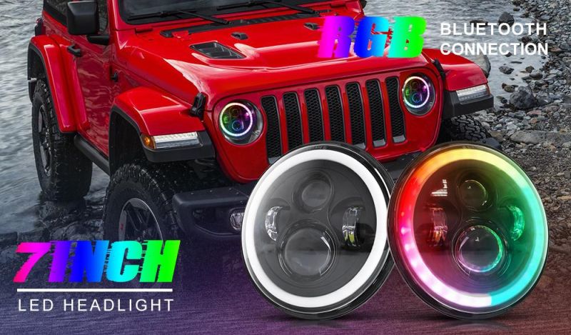 High Lumen Brightness Angel Eye DRL Halo Ring RGB Color 24V 12V off Road Round 7 Inch LED Headlight for Jeep Wrangler Motorcycle