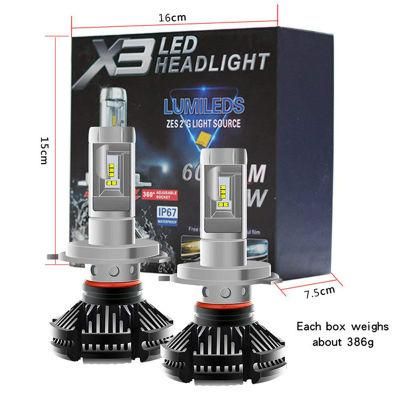 High Quanity X3 LED Headlight 50W 6000lm H4 H7 LED Car Headlight 3000K/6500K/8000K Zes Chip H1 H11 9005 Hb3 9006 Hb4 LED Fog Autolamps