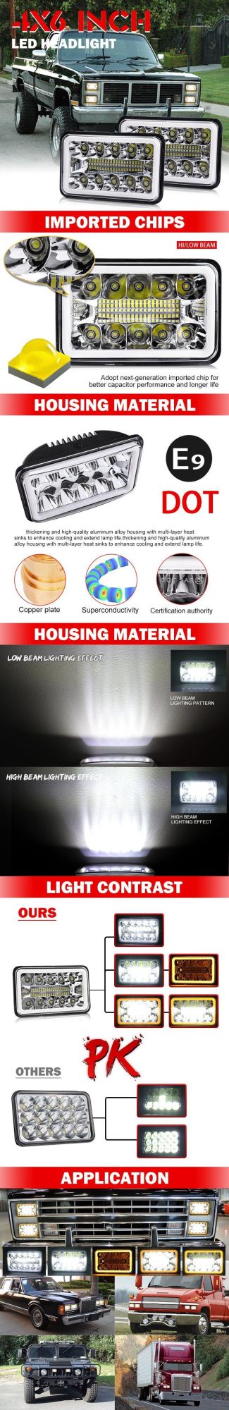 Bright High Lumen 5X7 Inch DRL Angel Eye Rectangular LED Headlight for Truck Pickup Lamp