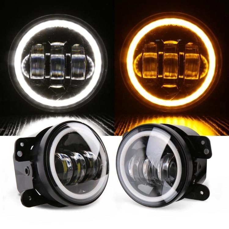 4 Inch Round LED Fog Light with Halo Angel Eyes DRL for Jeep Wrangler Jk White/Amber DRL 30W LED Fog Lamp