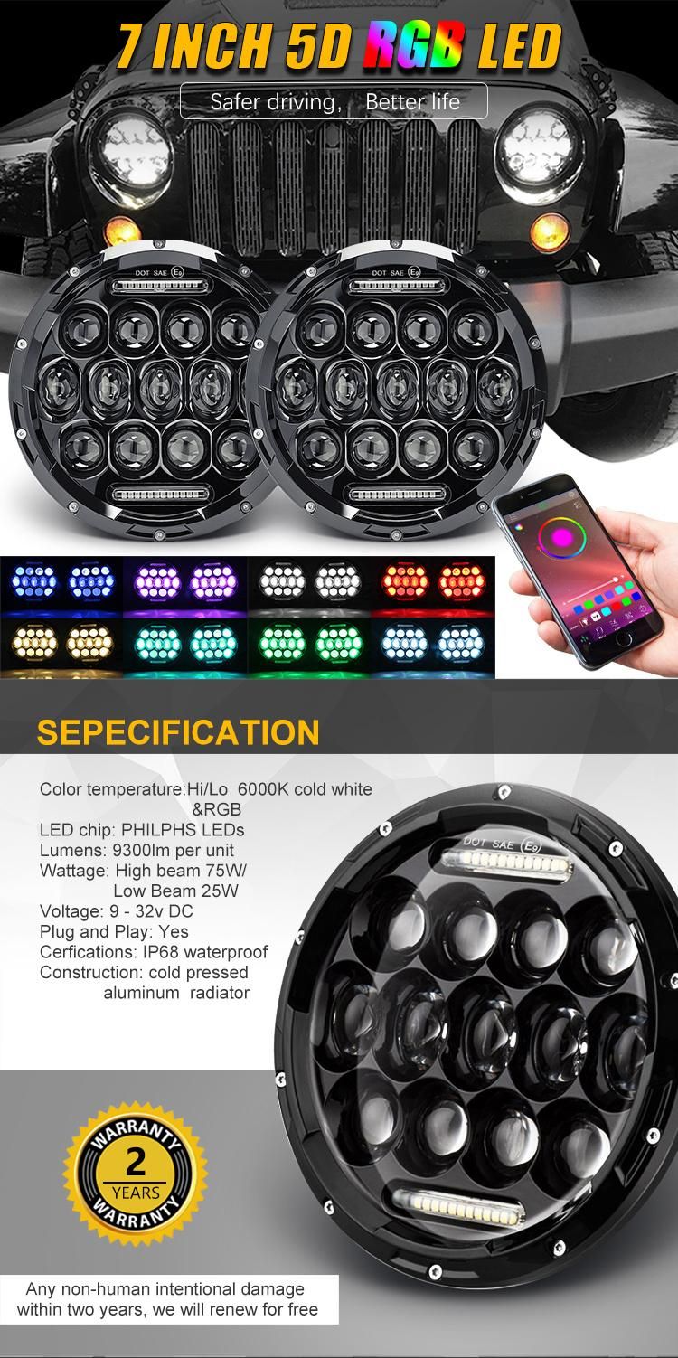 High Low Beam 75W Bluetooth Control 12 Volt RGB Color Change 7" Inch LED Headlight