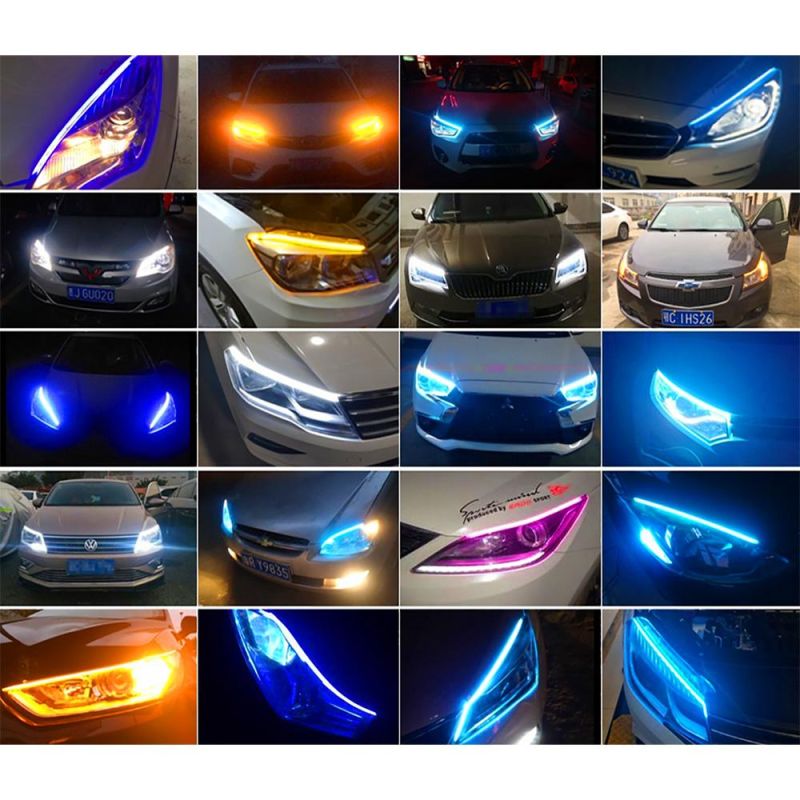 2X Ultrafine DRL 30 45 60cm Daytime Running Light Flexible Soft Tube Guide Car LED Strip White Red Turn Signal Yellow Waterproof