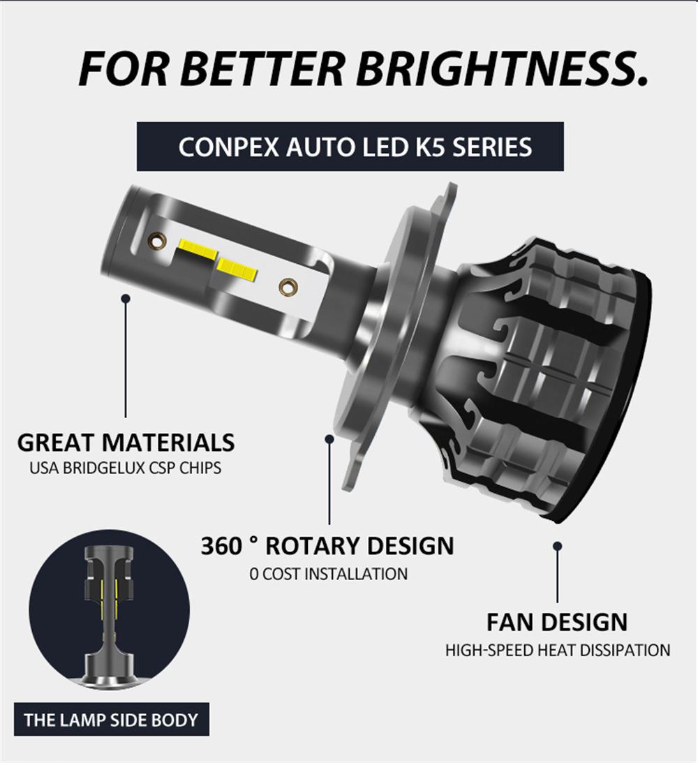 Conpex K5 OEM Built-in Fan Cooling Universal 25W Auto Lighting LED Spotlights Mini RoHS Csp H4car LED Headlight Bulb