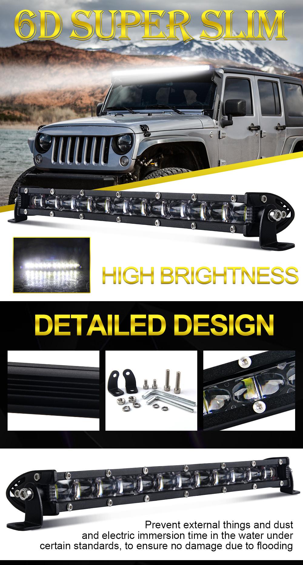 LED Car Light Black Background Emark Super Bright High Power 6D Single Row Barra LED 24V 12V 8" ; ATV 4X4 Truck Offroad Car Super Slim LED Light Bar