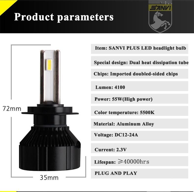 Sanvi C6 12V 4600lum 55W 5500K Dual Heat Pipe Car LED Headlight Bulb Car Lamp H4 H7 LED Headlamp Bulb Automotive Car Lights Factory Supplier