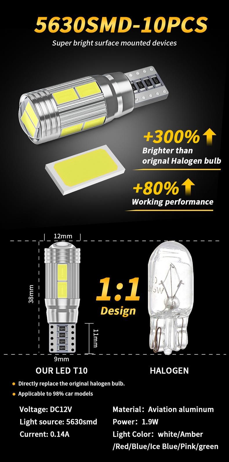 12V T10 5630 10SMD LED Canbus W5w Car Interior Light Tail Parking Lights Bulbs Dome Lights