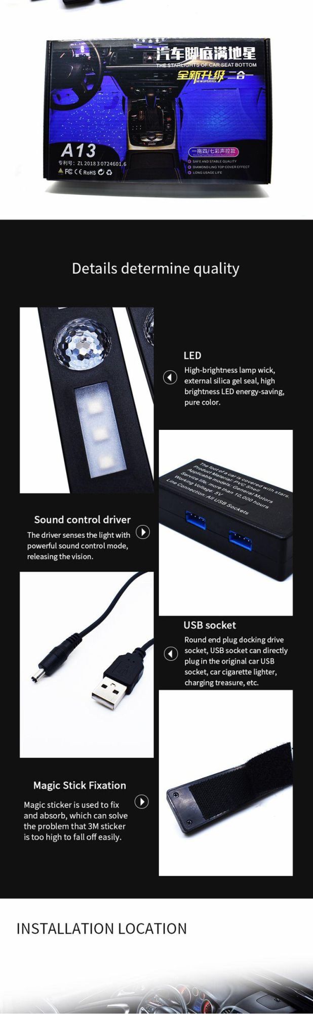 USB Car Interior LED Strip Lights with Warm Light