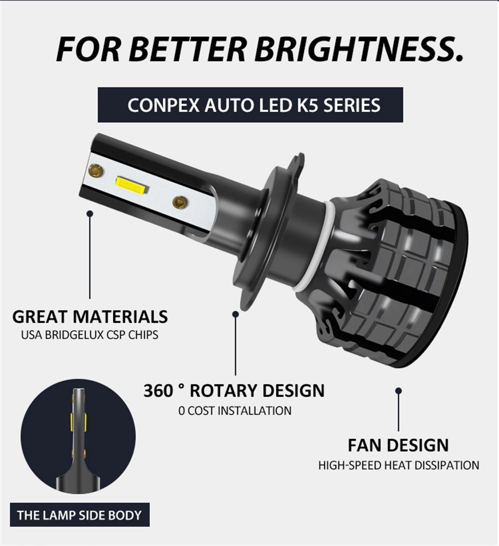 Lower Price Conpex K5 Automotive Light High Power Car LED Headlight H1 H4 H7 for Auto Customized