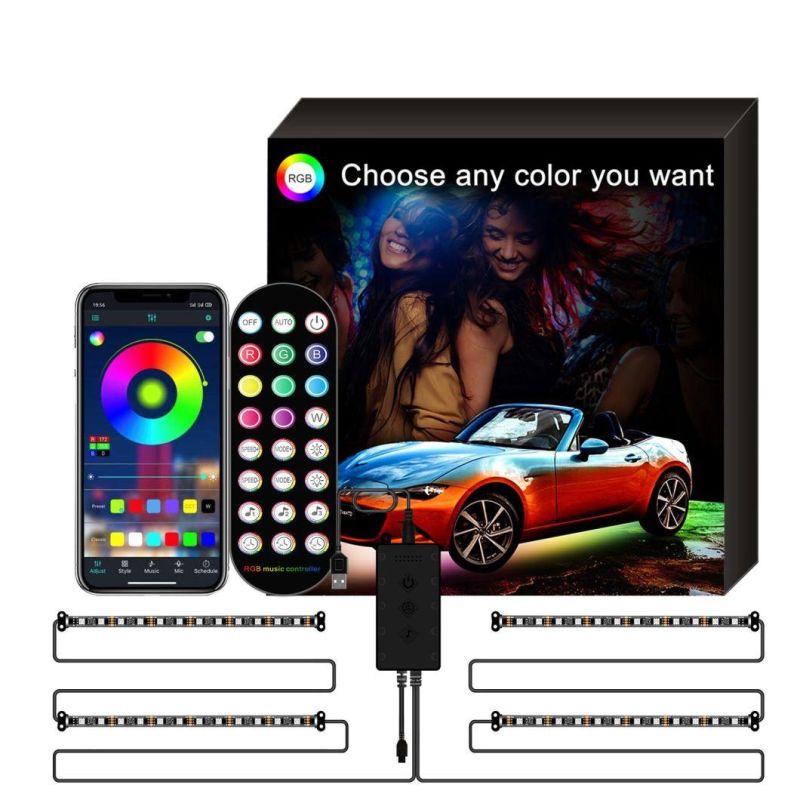 48LED 5050 SMD RGB Car Interior Atmosphere Light Strip Bar Bluetooth APP Music Control Decoration Light