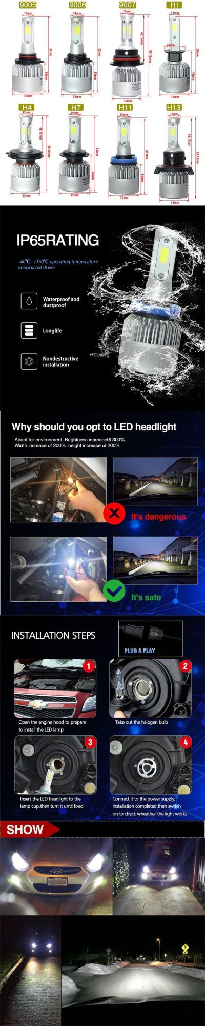 S2 LED Headlight Bulb 8000lm 36W Car Truck