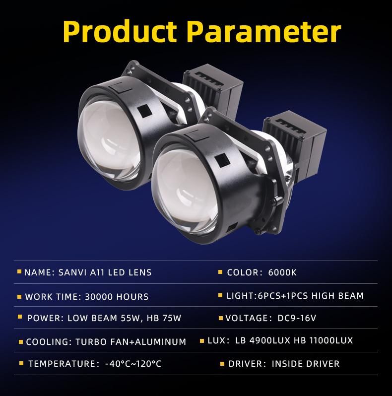 Auto Light Manufacturer Sanvi New Arrival 3 Inch A11 Bi LED Projector Lens Headlight for Car Motorcycle 75W 5500K High Power Auto LED Light Bulbs