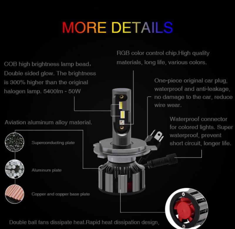 High Quality 12V 40W APP Control Bluetooth 7 Colors RGB LED Headlight Bulb H4 H7 H11 LED Car Light