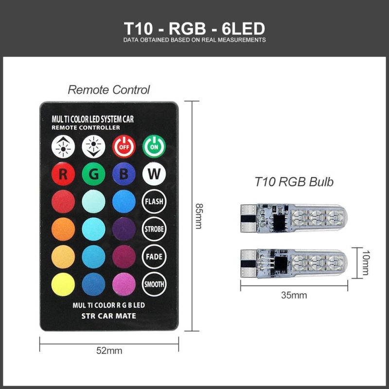 LED T10 RGB Car Clearance Light 12V W5w 194 168 RGBW COB LED Auto Atmosphere Lamp Reading Bulb with Remote Control