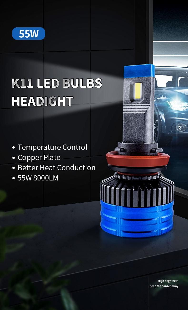 High Quality 55W 8000lm 12V K11 Car LED Headlight Bulb Canbus Error Free H11 H7 H4 LED Car Lights