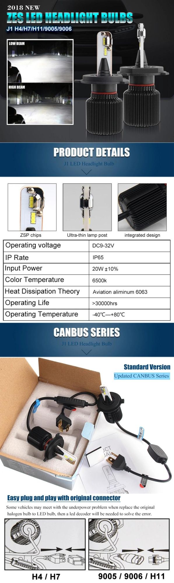 Fanless Csp Chips H4 LED Headlight Bulb, Auto Lighting System 8000lm LED Headlight H4