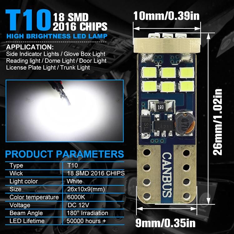 So. K Hot Selling Auto LED Bulb T10 LED W5w 194 2016 18SMD LED T10 Canbus Interior Light for Car License Plate Light