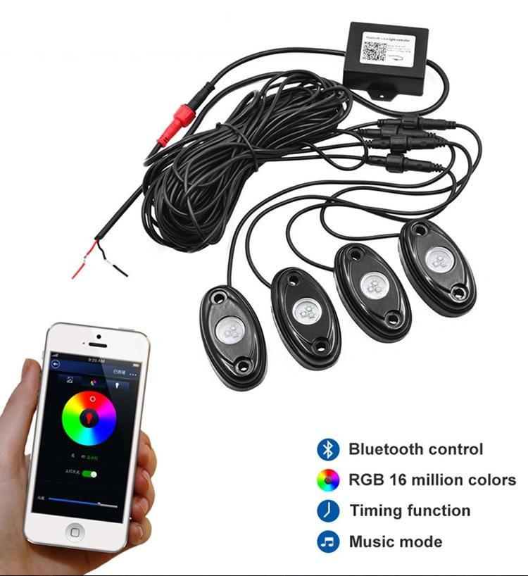APP Control with 4 Pods Lights Under Cars off Road Truck SUV ATV RGB LED Rock Light