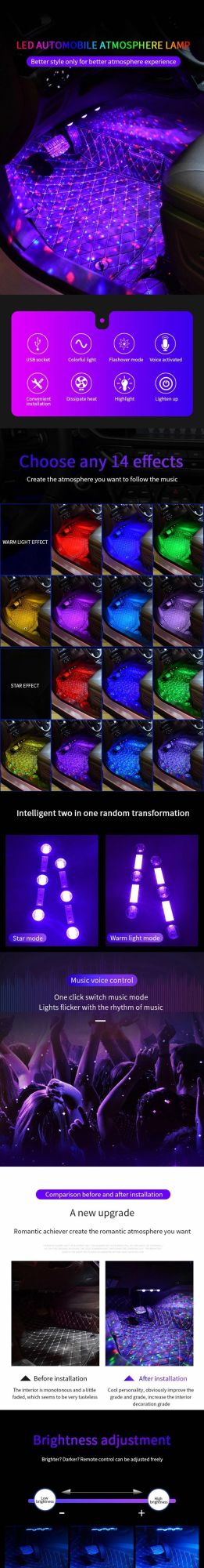 Colorful Car Atmosphere Lamp Car Star Light Decorative Seat Light Remote Control Starlight