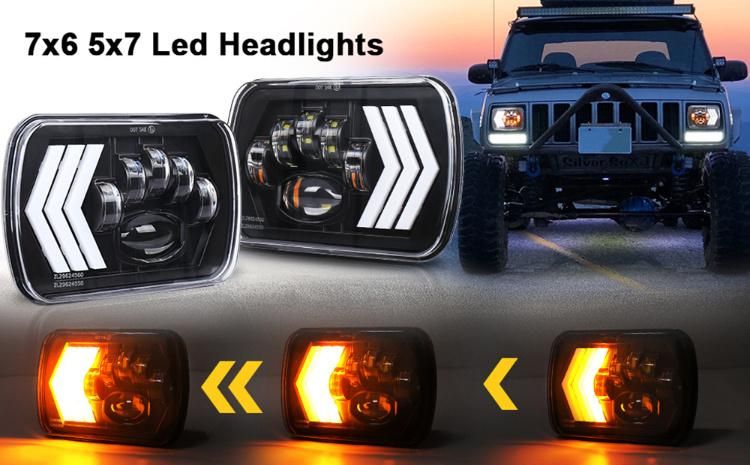 Jeep 55W 7X6 5X7 Inch Headlight Assembly Replacement with White DRL Amber Turn Signal Amber/Red Background Color High Low Beam Sealed Beam LED Headlight