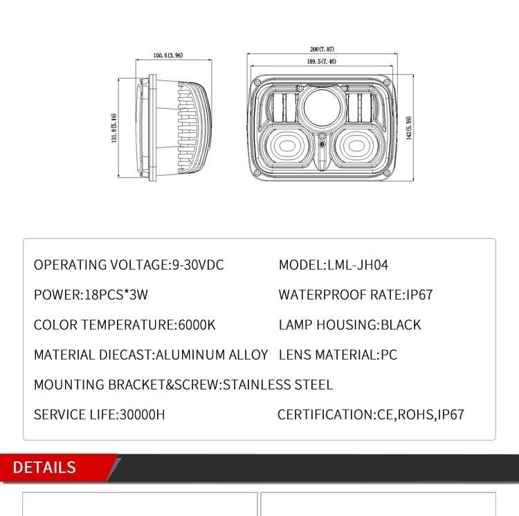 Hot Selling 54W LED Angel Light Head Light 7 Inch 5X7 Car LED Headlight 7" Square High Beam Low Beam