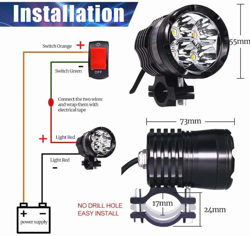 12V 24V 40W Motorcycle LED Driving Lights, 2X High/Low/Strobe Bicycle Dirt Bike Spotlight with Switch