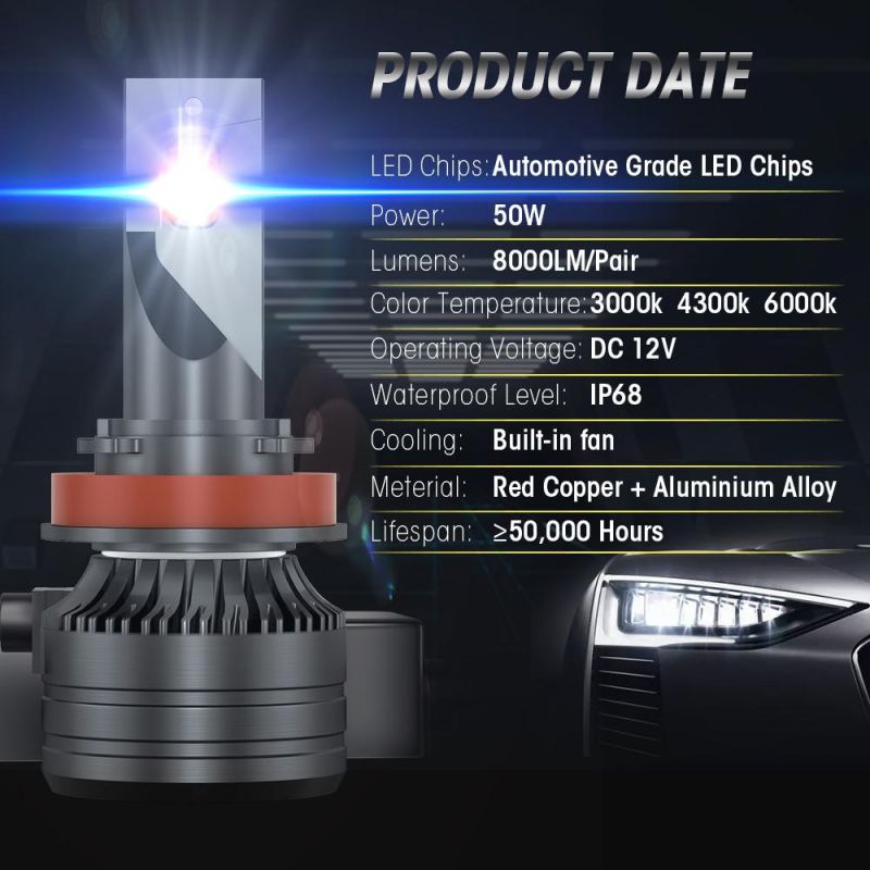 High Power 50W 12V 3000K/4300K/6000K Tricolor High Low Beam Autimotive LED Light Waterproof IP68 LED Headlight for Car