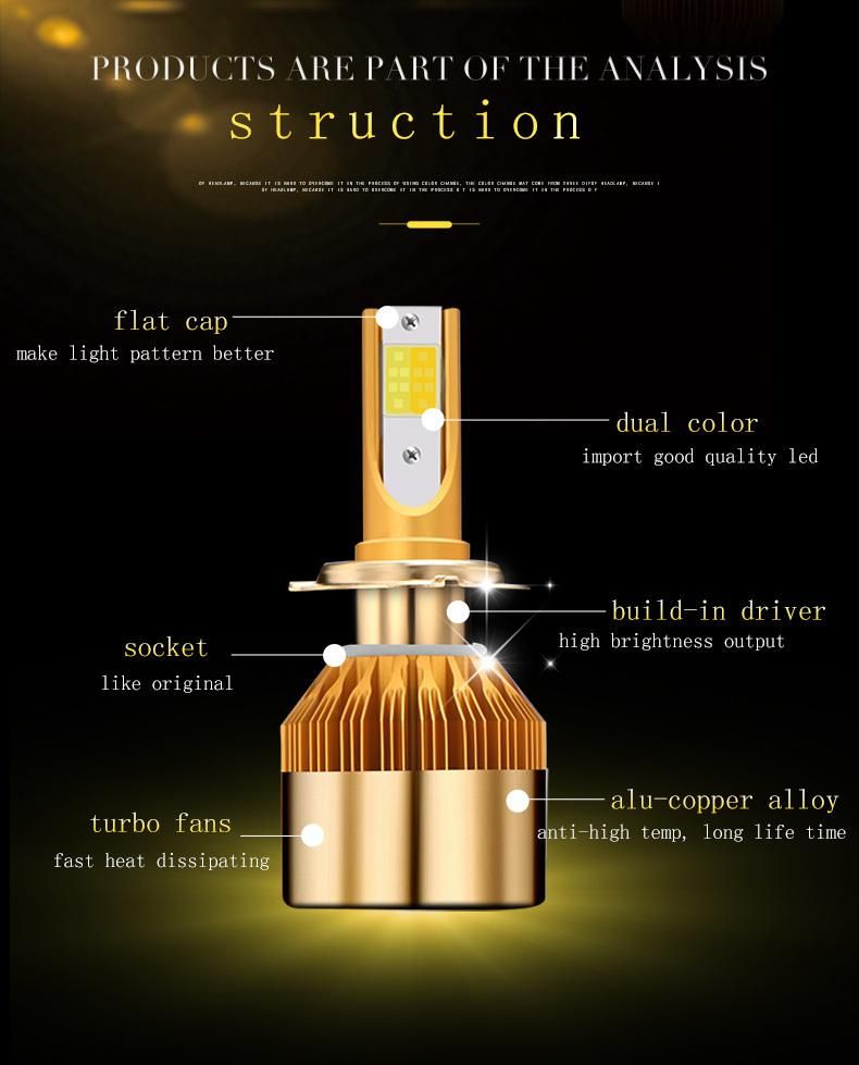 38W 4800lm IP68 9V-32V Yellow and White with Fans CS Dual Color Auto LED Headlight
