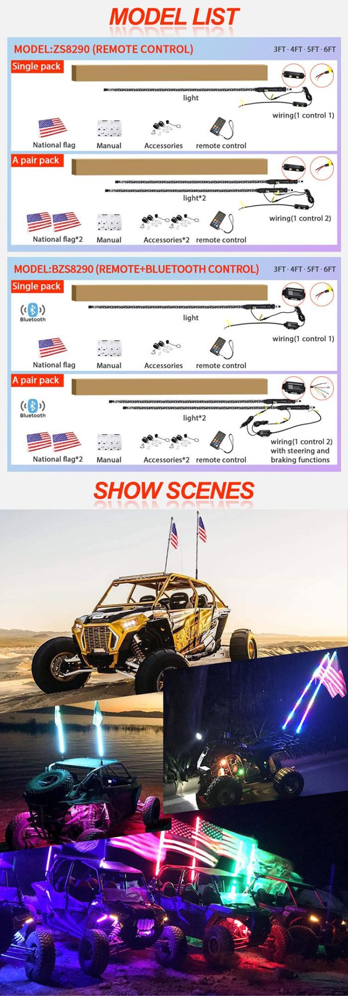 ATV UTV Buggy Truck Brightness Spiral Quick Release IP68 12V Bluetooth RGB Color Safety Lighted Flag LED Antenna Flag Pole