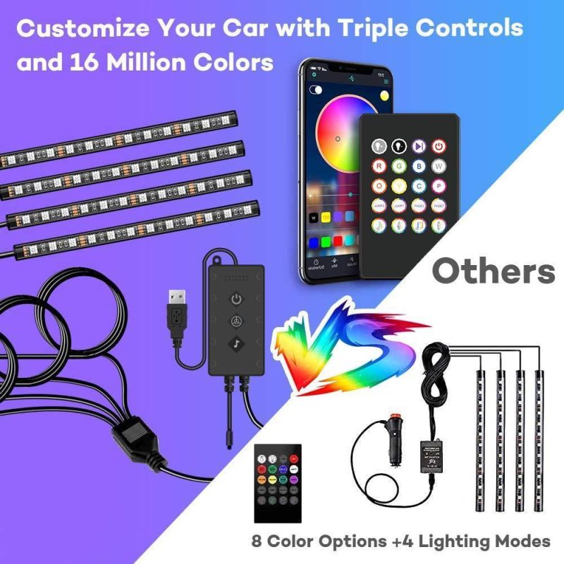 Custom Flexible RGB 5050 Bluetooth Car Light Bar SMD LED Strip Lights with Car Charger Triple Controls and 16 Million Colors Decoration Light