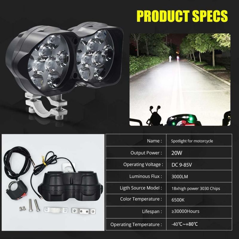 3000lm Super Bright 18SMD Chips Sport Lights Waterproof for Cars ATV Bike YAMAHA UTV Truck Boat DC9-85V, Xenon White Motorcycle Driving Light