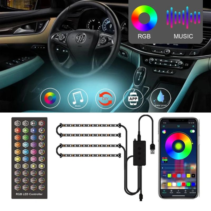 4PCS 48LED 5050 RGB Car Interior Atmosphere Strips Light USB Bluetooth APP IR Remote Decoration Light