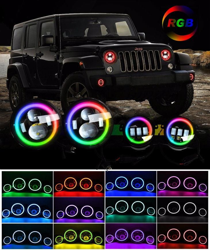 Phone Bluetooth Control Changing Color Halo Ring 4 Inch DRL Fog Light RGB 7 Inch Round Jeep LED Headlight for Conversation Kits