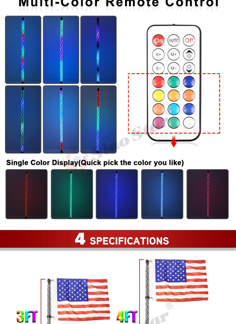 Swl2-4FT 2PCS Remote Control 360 Lighting Colourful RGB 4FT/1.2m Flexible LED Antenna Lighted Whip Flag for ATV UTV