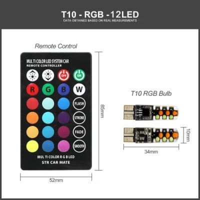 LED T10 RGB Car Clearance Light 12V W5w 194 168 RGBW COB LED Auto Atmosphere Lamp Reading Bulb with Remote Control