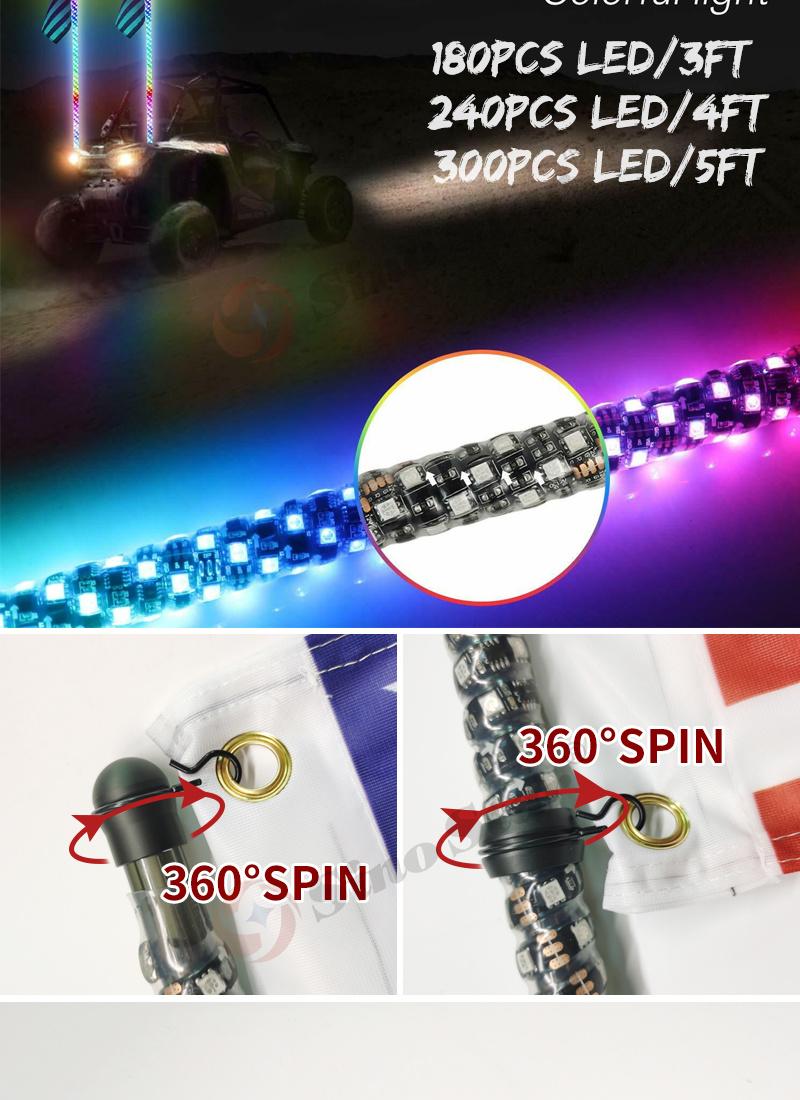 Swl2-3FT 2PCS Remote Control Antenna Whips Lamp Accessories RGB 360 Degree Spiral LED Whip Lights for UTV off- Road Vehicle ATV