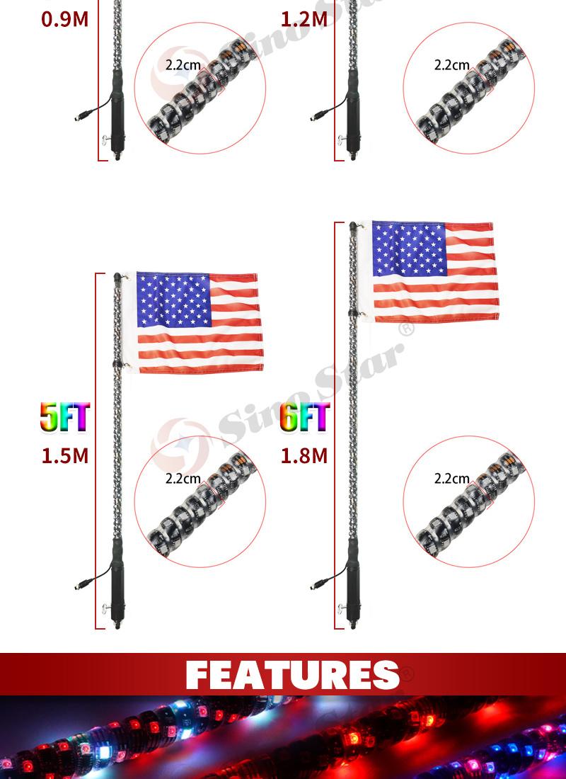 Swl2-5FT 2PCS Frost Tube Static Color Whip Light 5 Feet RGB Custom Color Lighting up off Road Whip Flag Glowing Whip Antenna